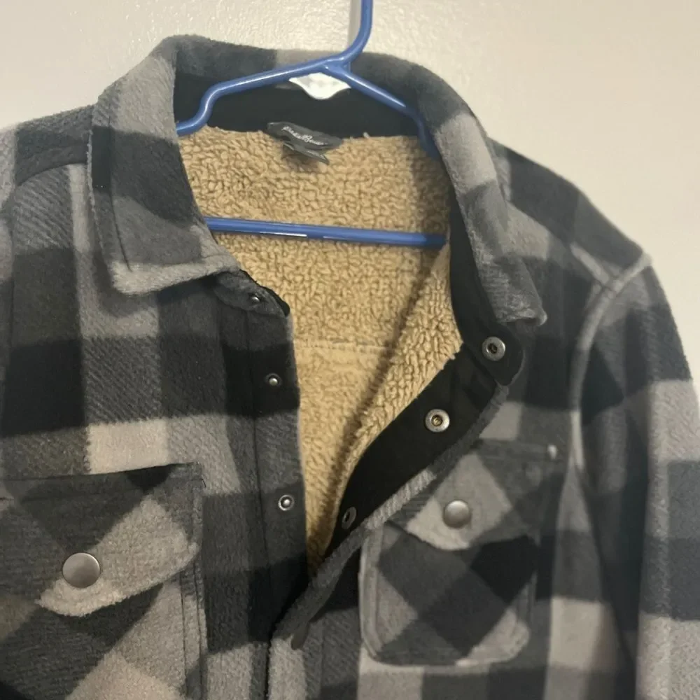 Eddie Bauer Boys Sherpa Plaid Shirt Jacket Black Size 8